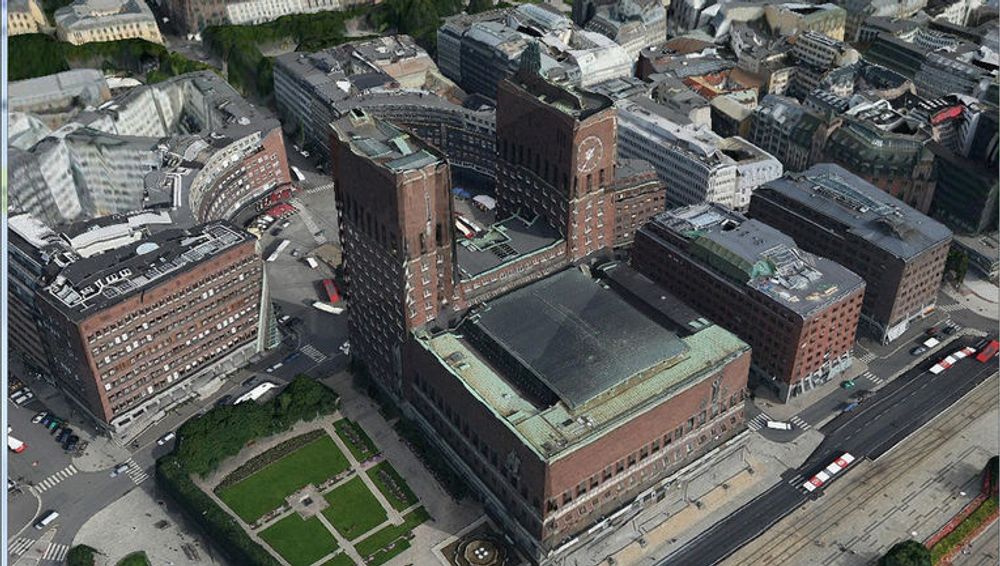 Detaljrikdommen i Schibsted-konsernets nye kartløsning er imponerende. Her fra det karakteristiske rådhuset i Oslo. (Foto: Sesam 3D kart)