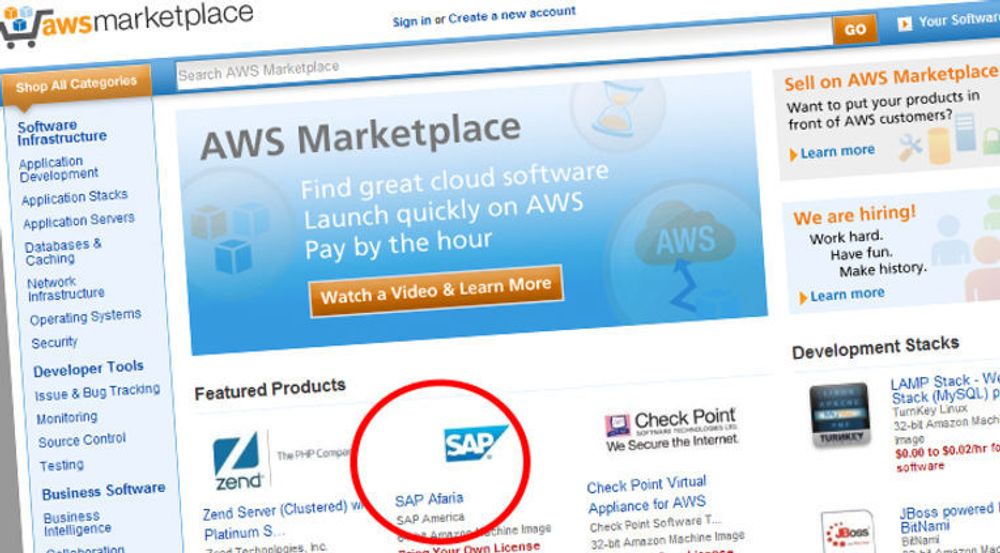 SAP Afaria er tilgjengelig, fullt konfigurert, fra Amazons nettskymarked. SAP lover å gjøre flere serverpakker tilgjengelig på AWS Marketplace.