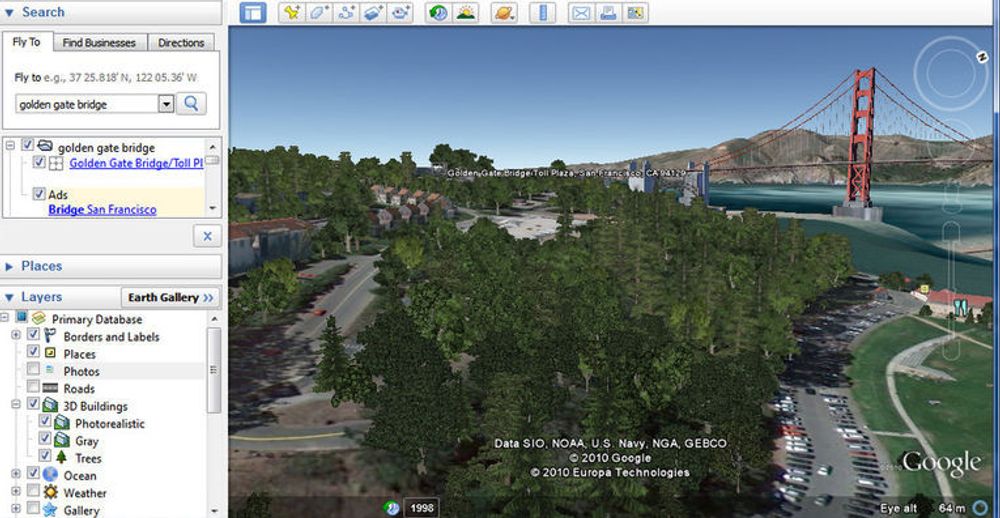 Google Earth 6 kan vise 3D-modeller av trær. Her vises landskapet i nærheten av Golden Gate Bridge i San Francisco.