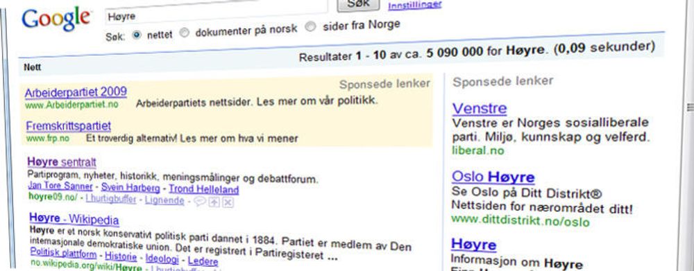 Venstre liker ikke at partier kjøper annonseplass ved søk etter deres partinavn. At de selv dukket opp ved søk etter Høyre skal ikke ha vært bevisst.