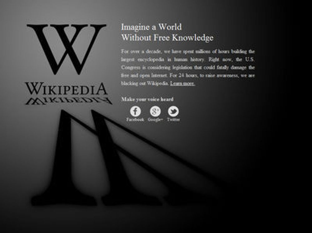 Wikipedia på engelsk har gått i svart mot det amerikanske lovforslagene SOPA og PIPA.
