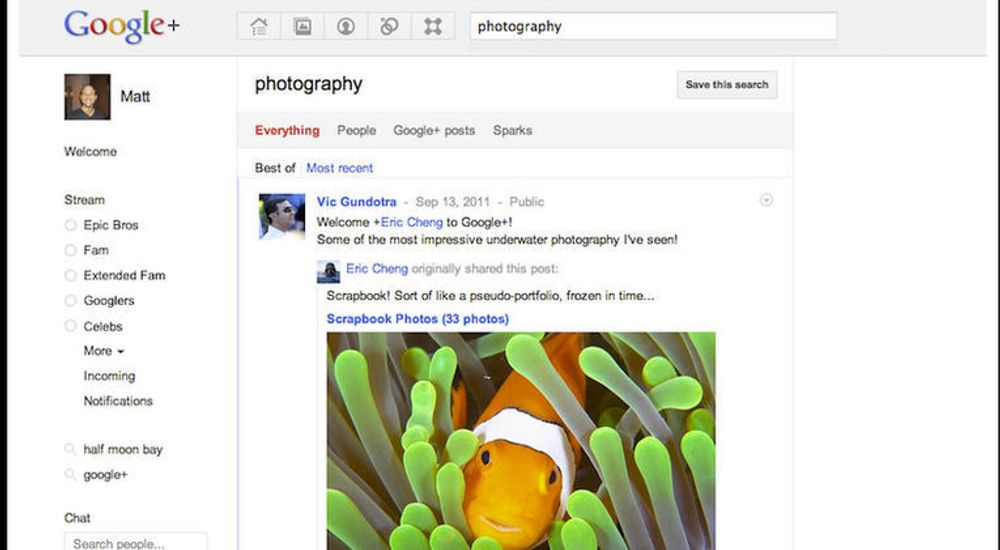 Fotografer er blant grupperingene som allerede ser ut til å ha funnet seg til rette i Google+. Med den nye søkefunksjonen skal det være enklere å finne fram til for eksempel fotosamlinger i tjenesten.