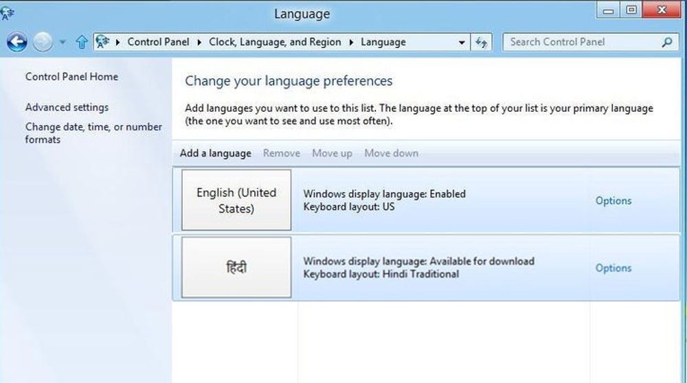 Språkvalg i Windows 8 gjøres i kontrollpanelet.