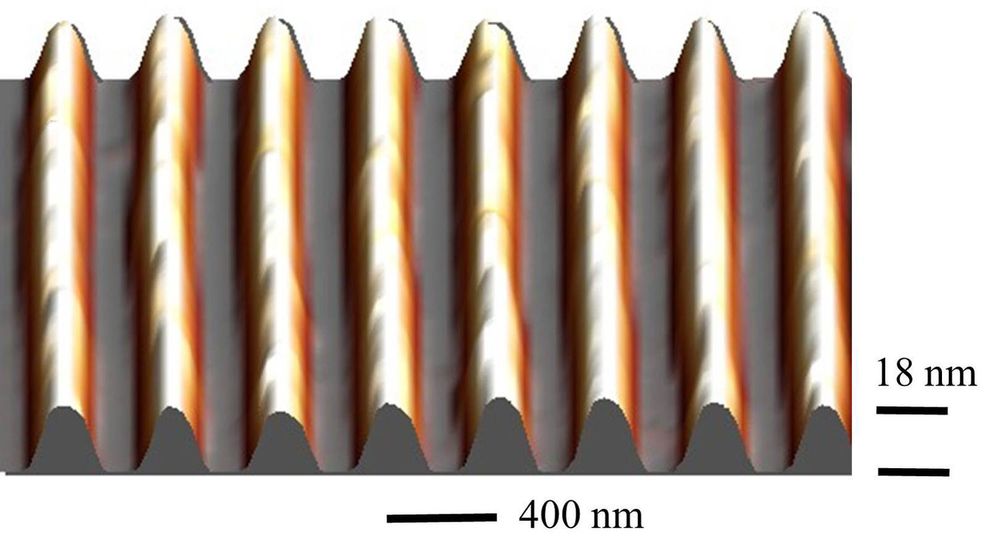 Bilde skapt med et atomkraftmikroskop av de grafénkledde grøftene som gir karbonmaterialet et betydelig båndgap.