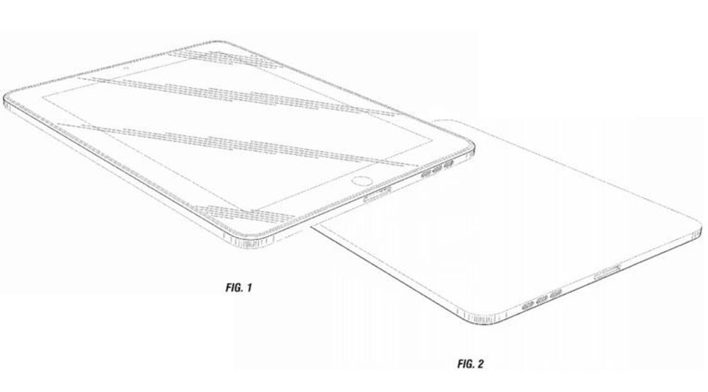 Mønsterbeskyttelse av utseendet til første generasjon Apple iPad. Kun de heltrukne linjene er relevante.