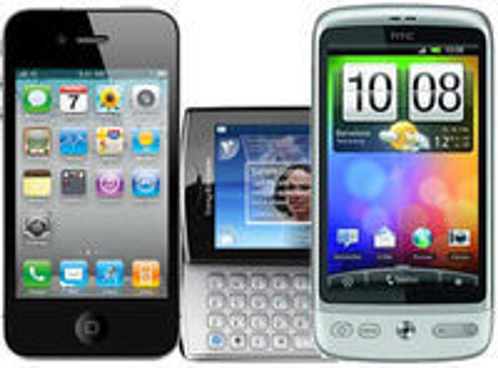 Tre av de mest populære smartmobilene i NetComs salgskanal i mars 2011: Apple iPhone 4, SonyEricsson Xperia X10 mini pro og HTC Desire.