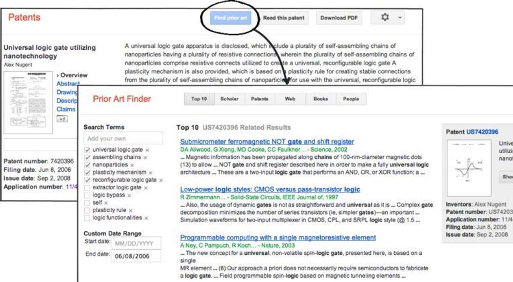 Google patentsøk har nå en egen funksjon for å søke etter relevante oppfinnelser som var kjente da en gitt patentsøknad ble innlevert.