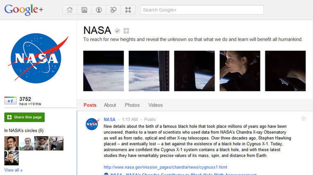 NASA er svært fornøyde med mengden av Google+-brukere som så langt har valgt å følge organisasjonens Google+-side.