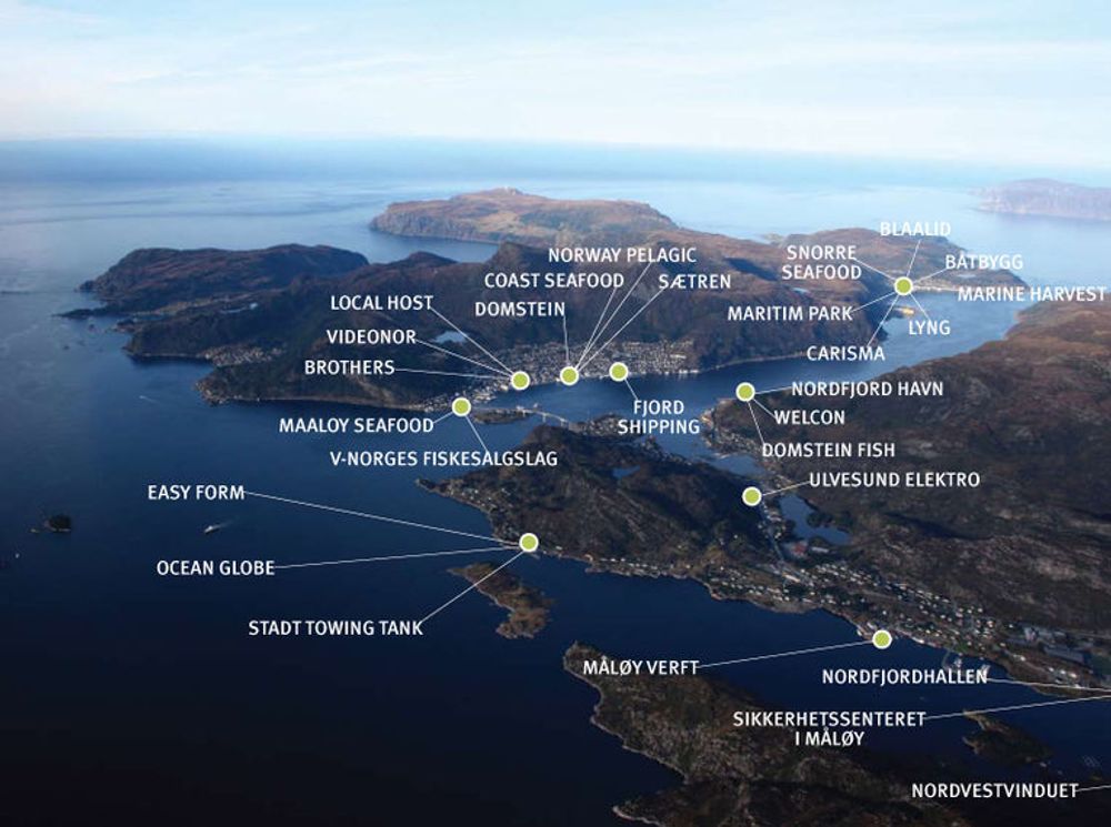 12 km sjøkabel: Oversiktskart over bedriftsmiljøet i Vågsøy som blir tilknyttet det nye fibernettet.