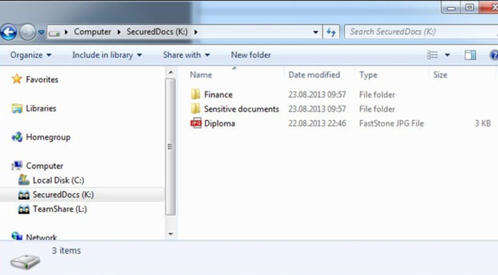 Brukeren opplever SecureBox som en eller flere virtuelle disker i Windows utforsker. Her er K-disken brukerens personlige hvelv, mens L-disken brukes til felles tilgang til filer innen en gruppe.