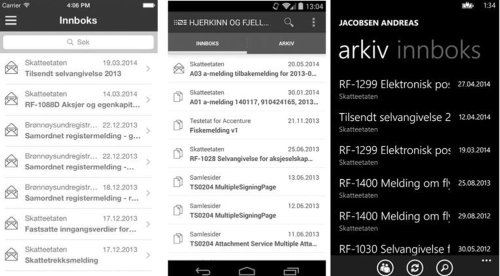 Altinn-brukere kan nå lese meldinger i en egen app for  (fra venstre) iOS, Android og Windows Phone.