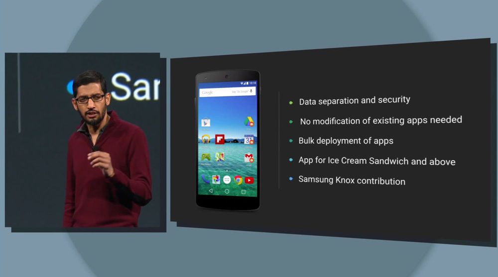 Sundar Pichai fortalte at L-utgaven av Android inkluderer sikkerhetsfunksjonalitet hentet fra Samsung Knox.