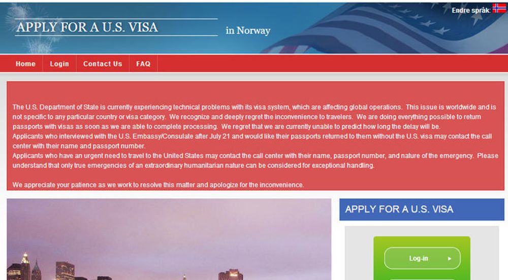 Det amerikanske utenriksdepartementet advarer om lengre ventetid på visumutstedelser enn normalt på grunn av databaseproblemer.
