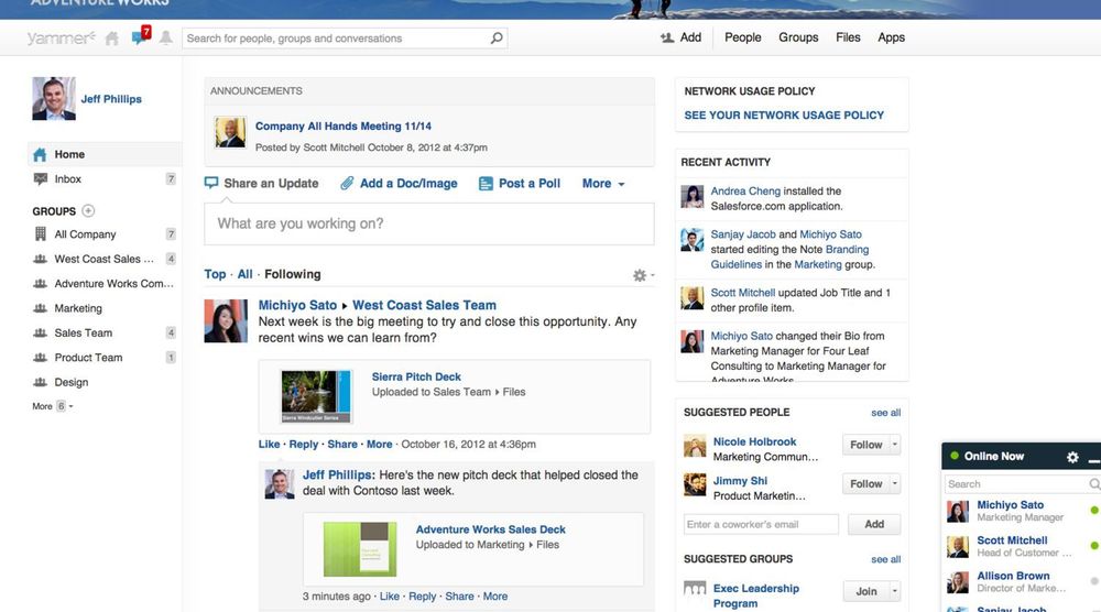 Yammer omtales i blant som et «Facebook for bedrifter». Her vises «Home Feed»-grensesnittet.