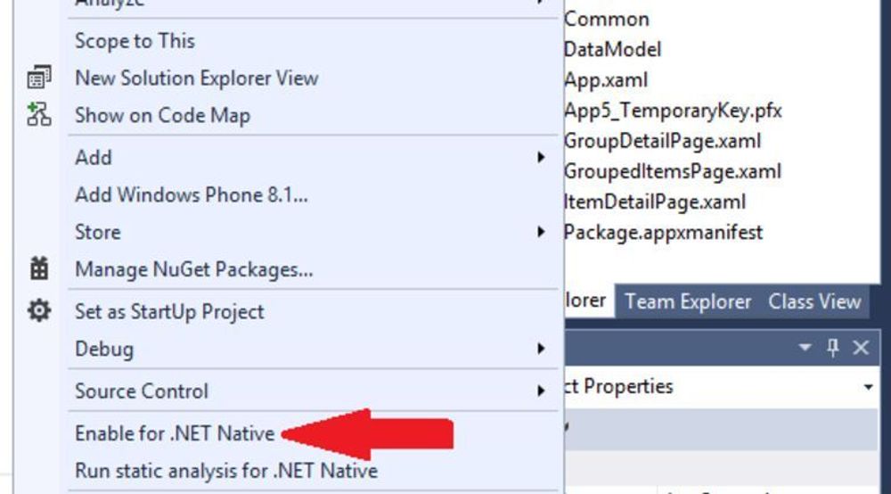 Aktivering av .NET Native i Visual Studio.