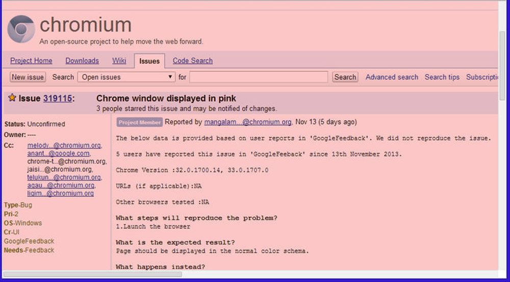 En rekke Chrome-brukere synes lite om de smale rullefeltene som er innført i Chrome 32. Rullefeltene har heller ikke piler i endene. Mange opplever også at rullefeltene ikke fungerer sammen med musen, hos enkelte vises websider med rosa bakgrunn. Som artikkelen nedenfor beskriver, lar noen av problemene seg løse av brukerne selv.