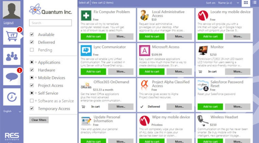 Quantum er referansekunde for RES IT Store. Her er deres «Q-Store» for selvbetjent pc-hjelp, applikasjoner, utstyrsrekvirering og tjenester som «slett all data på mobilen min». Det dreier seg ikke bare om «enterprise app store», men om å bruke en selvbetjent ordning til å utløse arbeidsflyt rundt alle IT-avdelingens tjenester. Implementeringen kan selvfølgelig skje gradvis.
