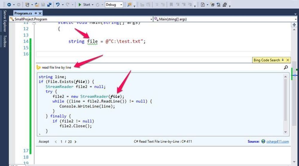 Ved hjelp av den eksisterende koden (øverst) og stikkord om hva utvikleren ønsker å gjøre, presenterer Bing Code Search for C# eksterne kodeeksempler direkte i Visual Studio som utvikleren enkelt kan integrere.