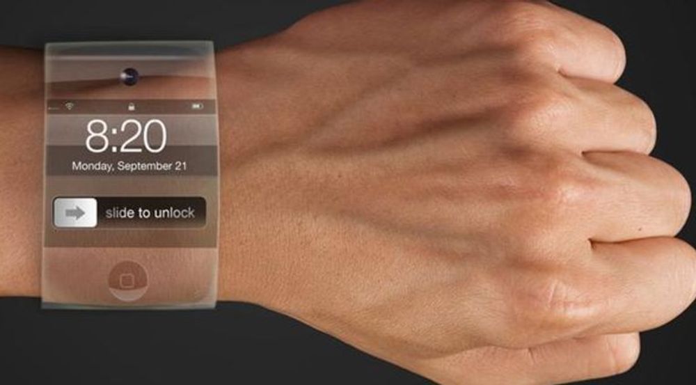 Konseptbilde av hvordan en designer tenker seg at Apples smartklokke kan se ut, muligens med Samsung-teknologi for bøyelige skjermer.