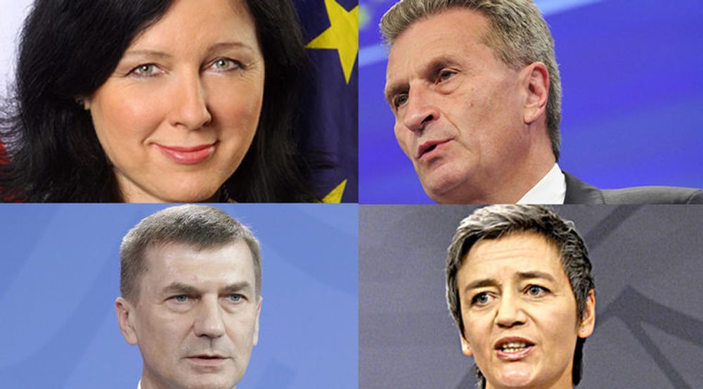 V&#283;ra Jourová (øverst til venstre), Günther Oettinger (øverst til høyre), Andrus Ansip (nederst til venstre) og Margrethe Vestager (nederst til høyre) er de kommende EU-kommissærene som får største makt over IT- og kommunikasjonsbransjene i de kommende årene.