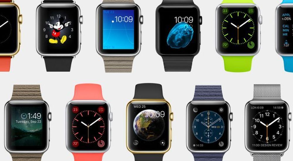 Slik ser Apple Watch ut, den vil finnes i to skjermstørrelser og tre varianter, pluss at man vil kunne tilpasse den med en lang rekke remmer.