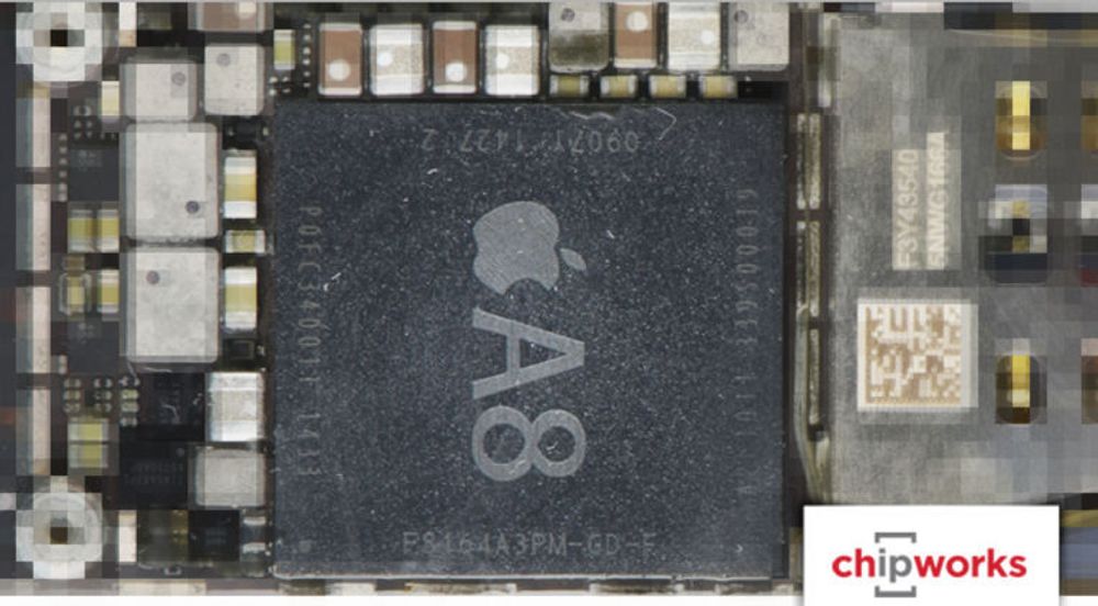 A8-brikken i iPhone 6, stort sett produsert av TSMC.