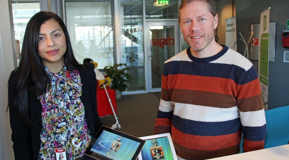 Katherine Barrios og Lars Knoll ved Digia i Oslo kunne vise fram Qt-baserte applikasjoner for både Android- og iOS-baserte nettbrett.