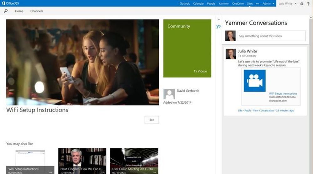 Office 365 Video skal være integrert med Yammer, som dermed kan brukes til både deling og kommentering av videoene.