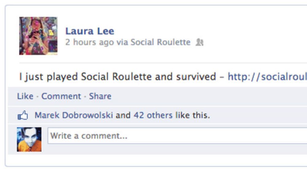 Spillet Social Roulette ble for mye for Facebook. Kort tid etter at spillet ble lansert forrige helg ble det tatt ned. Bildet viser statusoppdateringen som kommer dersom man vant (- eller tapte?)