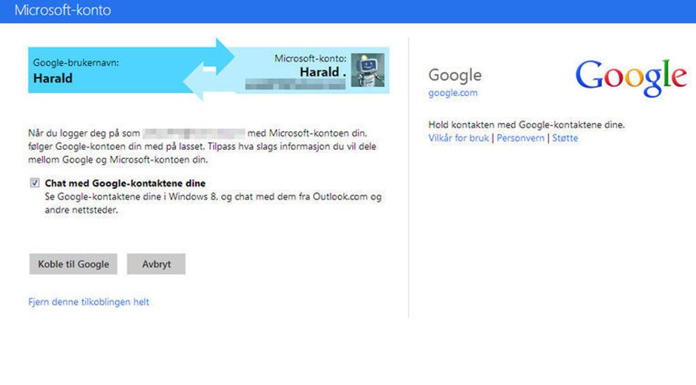På denne Live-siden kan man aktivere eller deaktivere integrasjonen mellom Outlook.com- og Google-kontoene.
