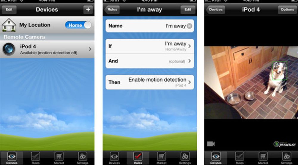 Skjermbilder fra en iPhone som styrer en iPod 4 satt opp som overvåkningskamera. Man kan sette opp regler for å innstille egenskaper som bevegelsessansing, og for hva iPod-en skal gjøre når den sanser en bevegelse. Her sendes et bilde som viser at bikkja er på kjøkkenet.