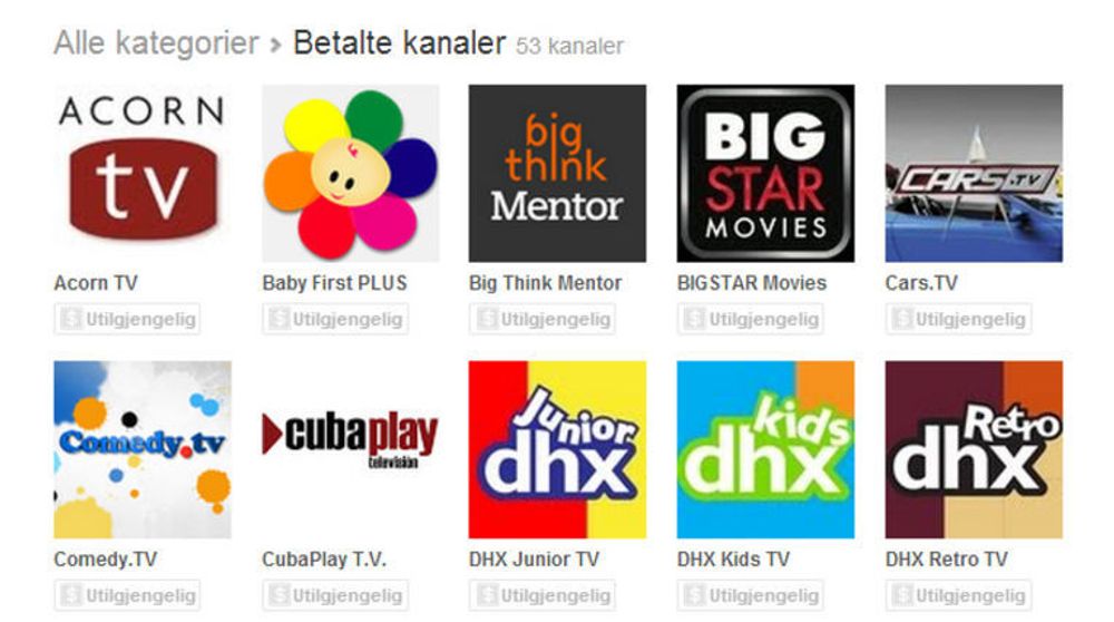 Utvalget av betalte kanaler i YouTube er foreløpig ganske begrenset. I Norge er samtlige merket med "Utilgjengelig". 