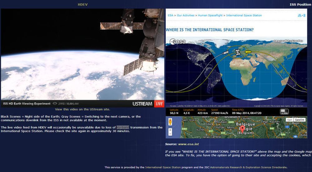 I nettleseren kan man følge med på hvor romstasjonen ISS befinner seg og se direktesendte bilder fra kameraer som ble montert på romstasjonen i april i år. En lenke til denne siden er oppgitt i artikkelen nedenfor.