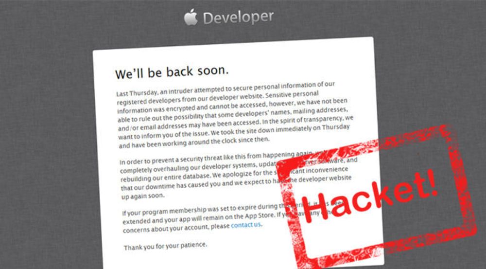 Apple bekreftet søndag at utviklersidene deres har vært utsatt for et angrep. Da hadde tjenesten vært nede i tre dager med «vedlikehold» som forklaring.
