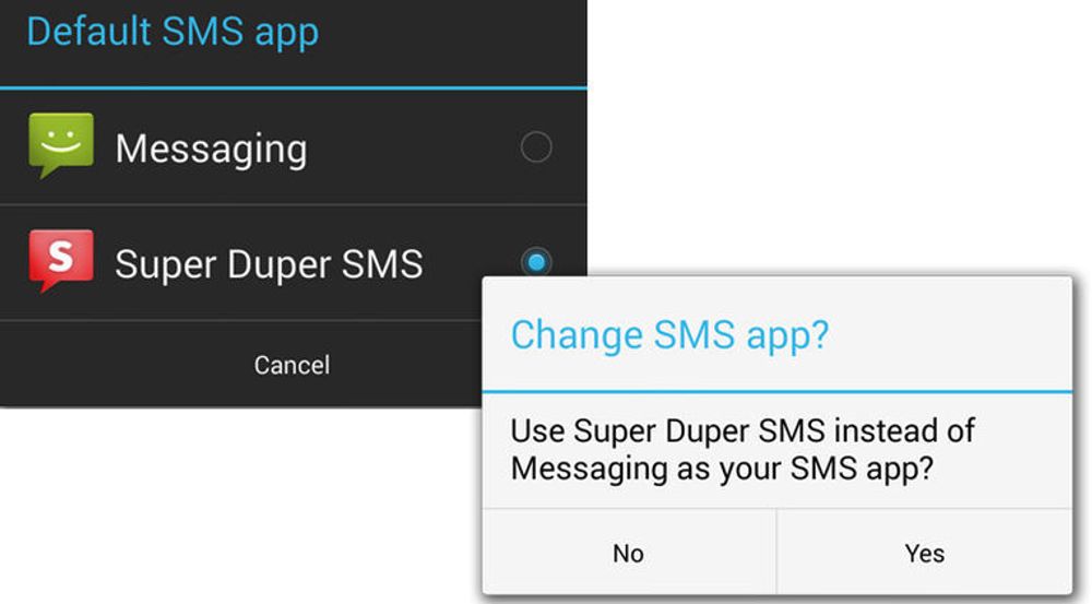 I Android 4.4 vil kun applikasjonen brukerne velger å sette som standard SMS-applikasjon, kunne sende SMS-er. Illustrasjonen viser dialogene for dette valget.