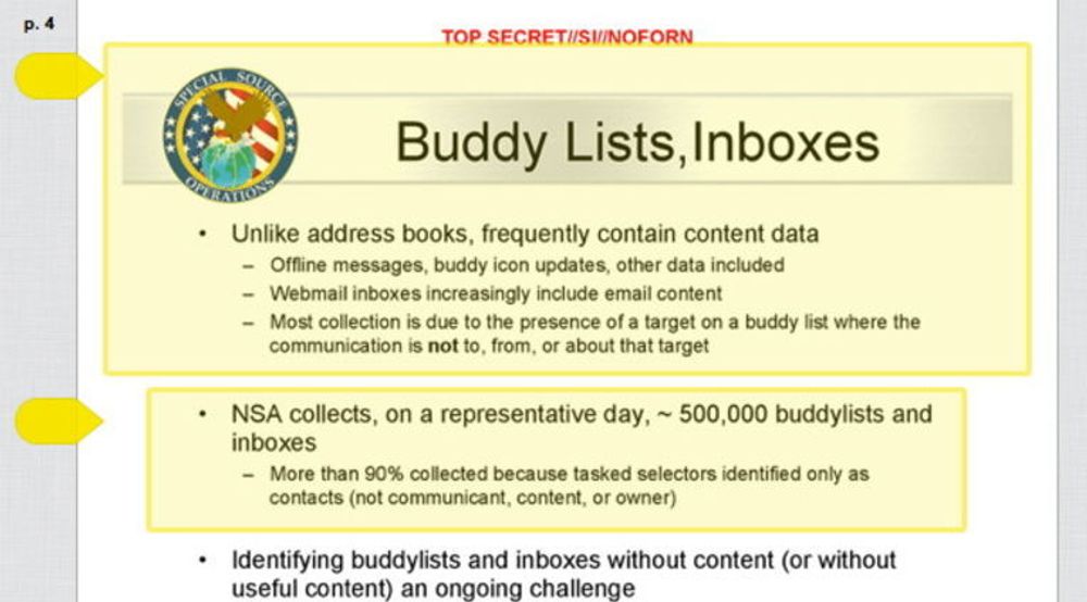 Kontaktlister og adressebøker fanges opp av NSA i et stort omfang, ifølge nye lekkasjer fra den nå spionsiktede Edward Snowden. Bildet viser en hemmelig internpresentasjon fra den amerikanske e-tjenesten.