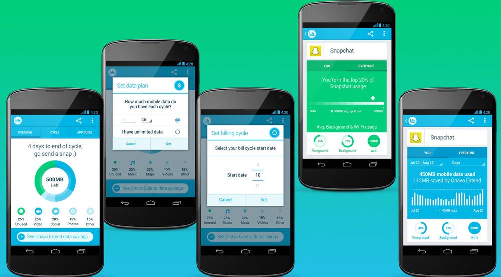 Utvalge skjermbilder fra Onavo Count for Android viser hvordan appen fungerer.