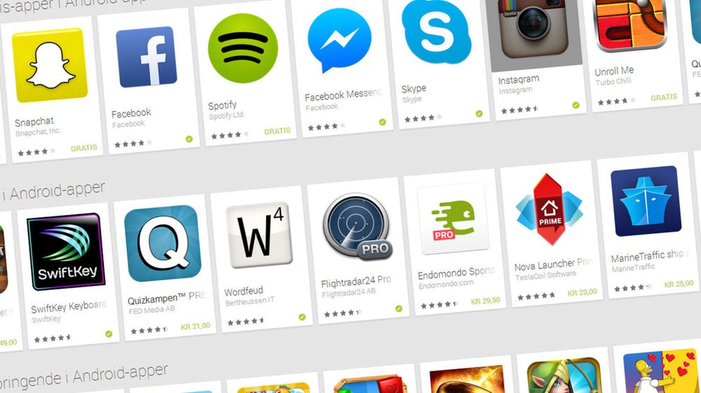 De fleste av verdens applikasjonsutviklere har Android som sin primære plattform, men det er definitivt regionale forskjeller, viser undersøkelsen fra VisionMobile. Illustrasjonen viser noen populære Android-apper i den norske utgaven av Google Play. 