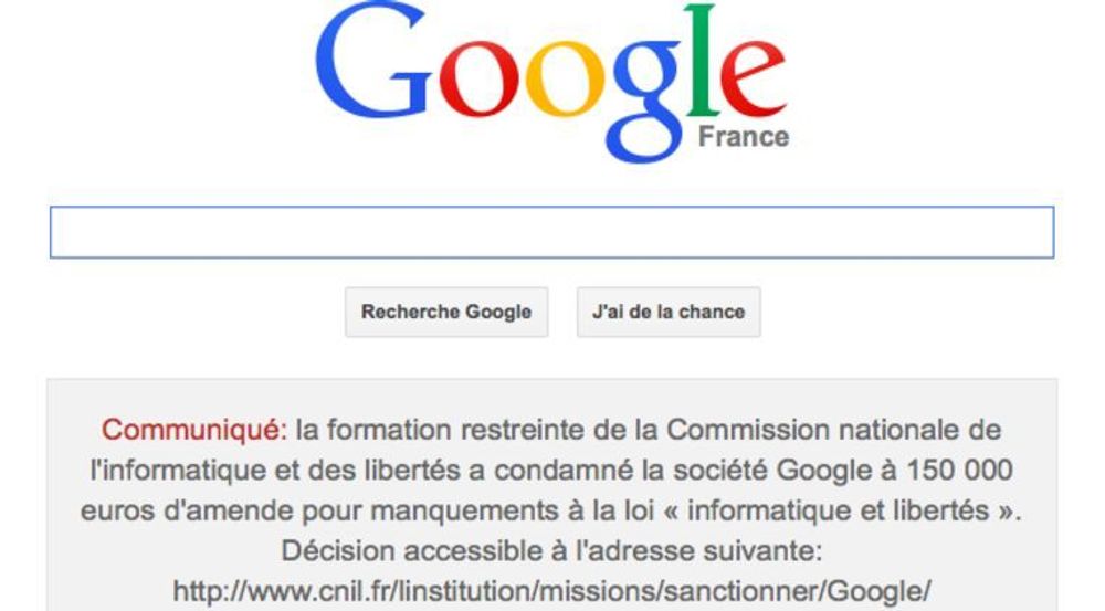 Google.fr med kunngjøring om at Google har fått en bot på 150 000 euro for brudd på fransk lovgivning om databeskyttelse og samtykke.