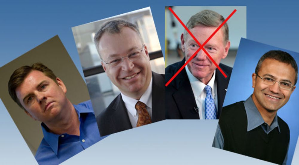 Ford-sjef Alan Mulally er antakelig ute av racet. De andre kjente kandidatene er interne: (fv) Tony Bates, Stephen Elop, Satya Nadella