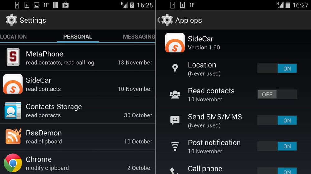 App Ops-funksjonen i Android slik den så ut i 2013. Noe tilsvarende kan komme tilbake i Android M.