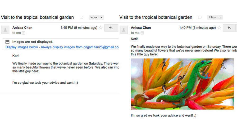 E-postmeldinger i Gmail vil heretter automatisk vise bilder som er lenket inn i meldingsteksten, slik at brukerne slipper å måtte be om at dette skal gjøres. Men av sikkerhetsårsaker vil bildene lastes direkte ned fra den opprinnelige serveren.