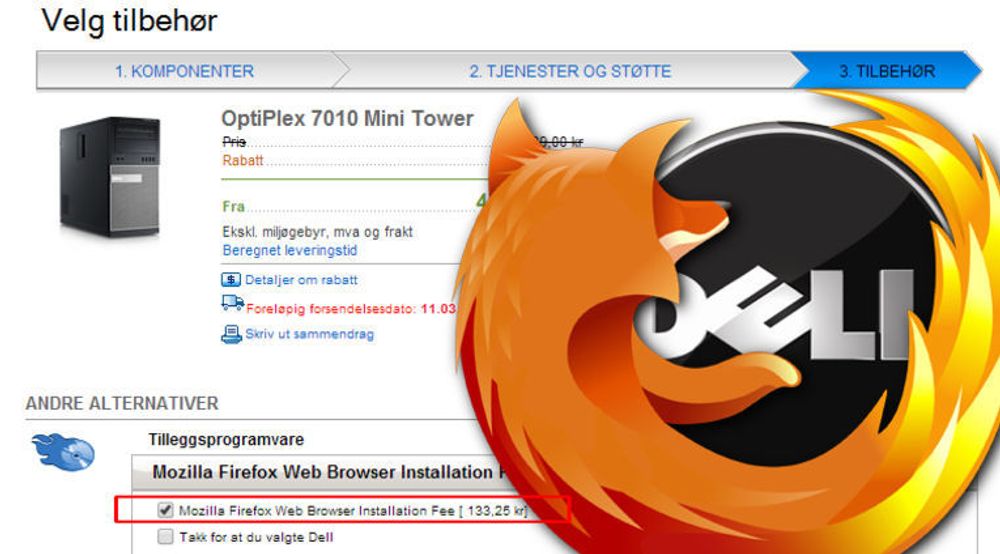RØVERKJØP: Dell vil selge deg Firefox mot et gebyr på 133 kroner og 25 øre. Til gjengjeld slipper kunden den «svært krevende» oppgaven det er å installere nettleseren selv med et par klikk...