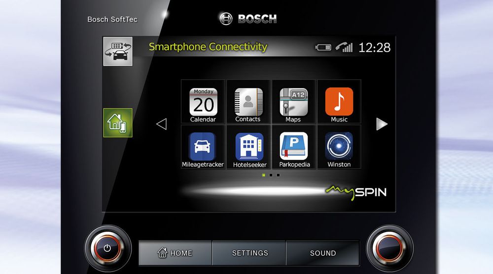 MySpin er bilsystemet for smartmobil-integrasjon som Bosch skal tilby. Funksjoner som kart, kalender, kontakter og tjeneste som Parkopedia og Hotelseeker er noe av det som skal tilbys.
