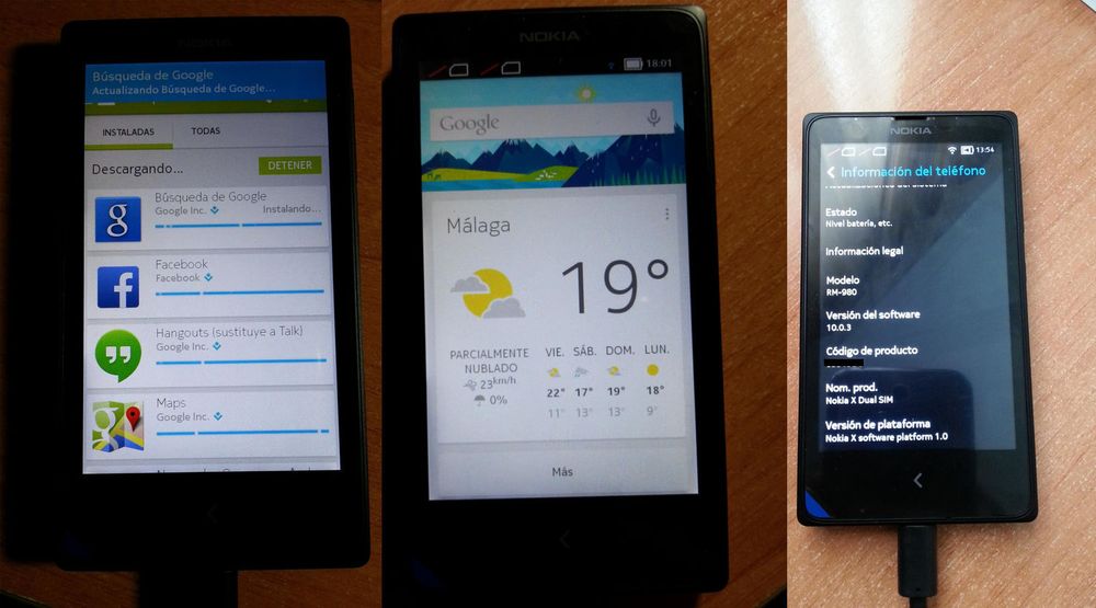 Til venstre laster Nokia X ned applikasjoner fra Google Play, blant annet Google Now/Search (midten). 