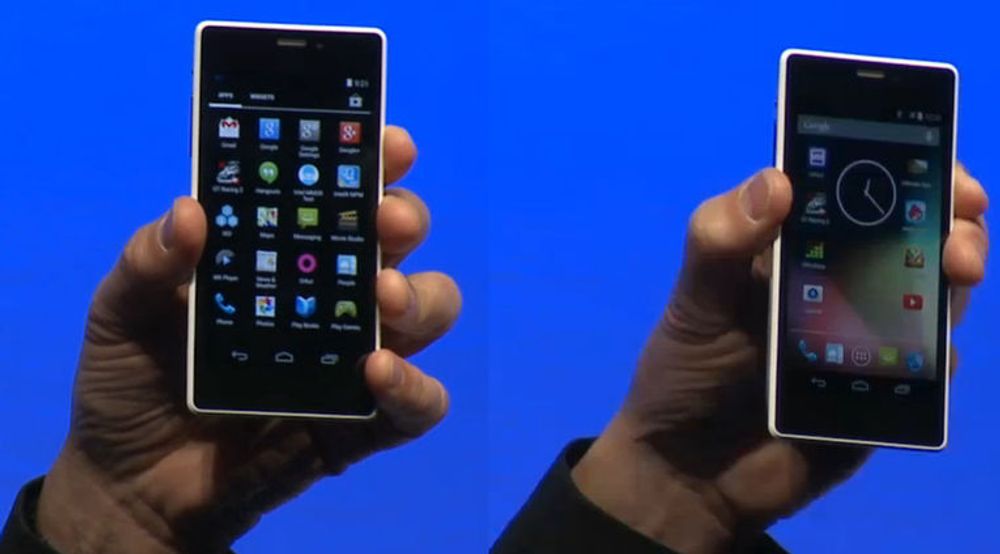 Intels Herman Eul viste i går fram to 64-bits Android-mobiler. Den til venstre er basert på Merryfield-utgaven av Atom, mens den til høyre er basert på Moorefield.