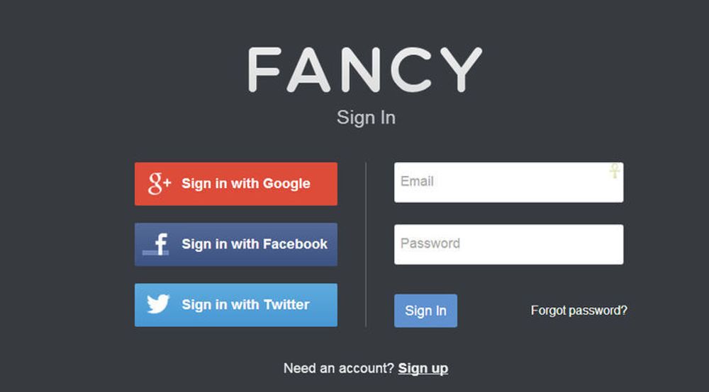 På Fancy kan man nå registrere seg med e-post og passord, eller velge å logge seg inn med Google+, Facebook- eller Twitter-kontoen.