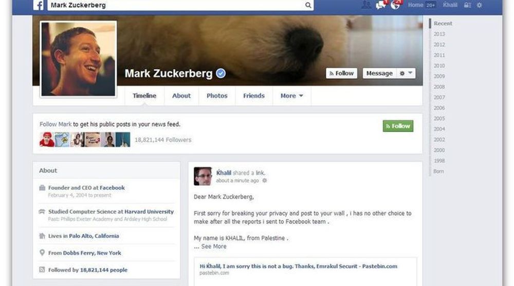 Khalil Shreateh greide å skrive en melding på tidslinjen til Facebook-sjef Mark Zuckerberg, selv om han ikke er facebookvenn med Zuckerberg. Men noen dusør for å varsle om sårbarheten, det får han ikke.