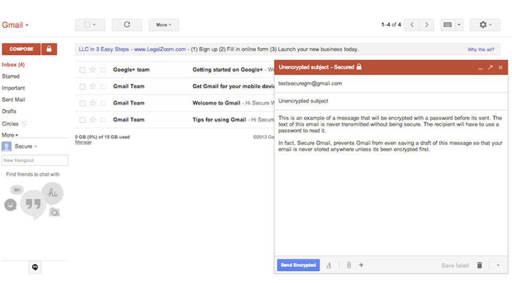 Ved hjelp av den nye knappen for sikker e-post som Gmail-tillegget Secure Gmail by Streak legger til i Gmail, kan man sende krypterte e-postmeldinger via Gmail direkte fra nettleseren.