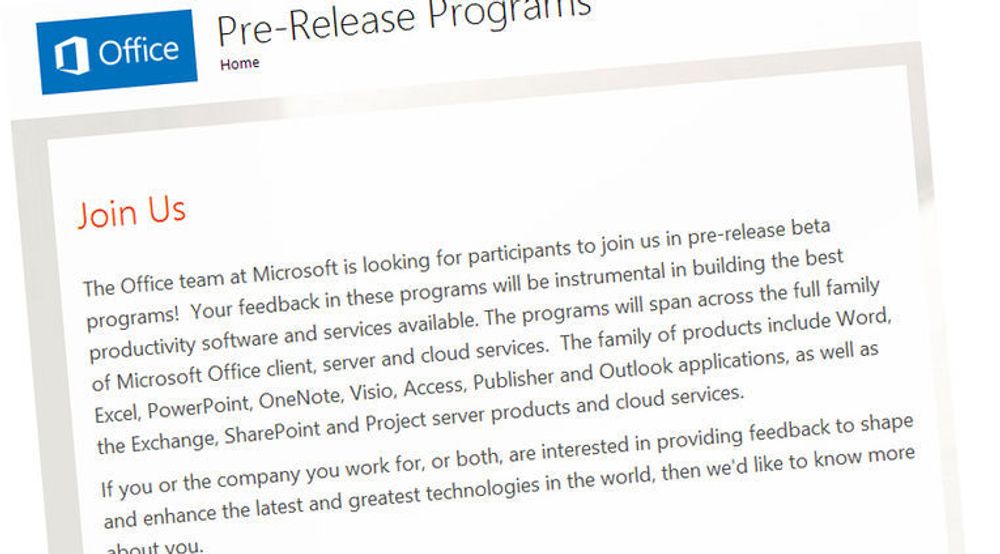 Utsnitt fra invitasjonen til å delta i begrenset betatesting av kommende Office-produkter fra Microsoft.